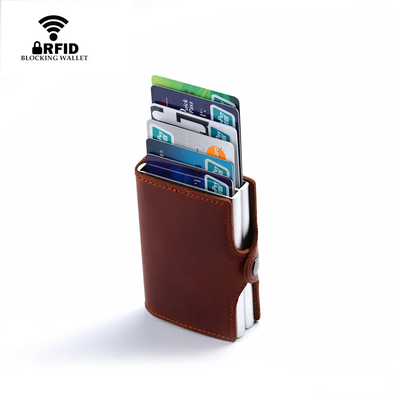 BISI GORO, Ретро стиль, натуральная кожа, держатель для карт, rfid, кошелек, алюминиевый, унисекс, crazy horse, кожа, 2, металлический держатель для кредитных карт