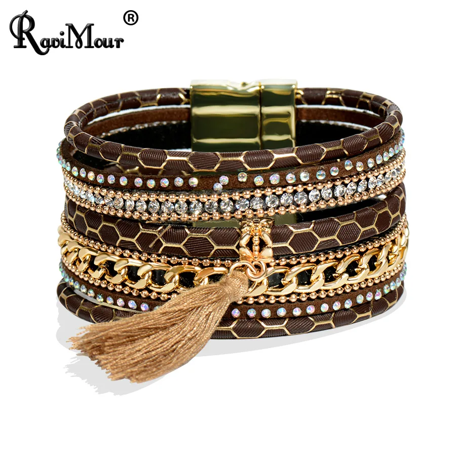 New Trendy Magnetic Multi-layer Leather Bangle Charm Cuff Bracelets For Women