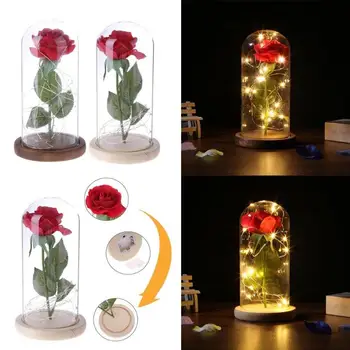 

LED Artificial Rose Flower with Lighting Strings Romantic Wedding Decor Glass Cover with Wooden Base for Christmas Birthday Gift