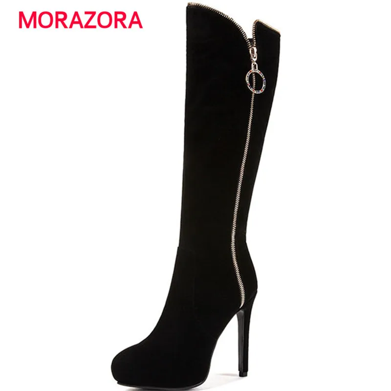 

MORAZORA big size pointed toe super high heel ladies boots autumn winter stiletto heel knee high boots simple zip shoes women