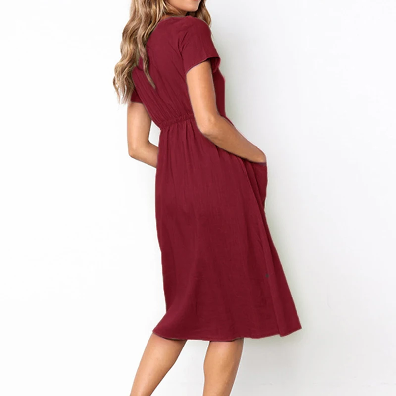 Women's Sexy Summer Dresses 2019 Boho Short Sleeve Button Solid Midi Dress Sundress With Pockets Lady Beach Party Dress Vestidos