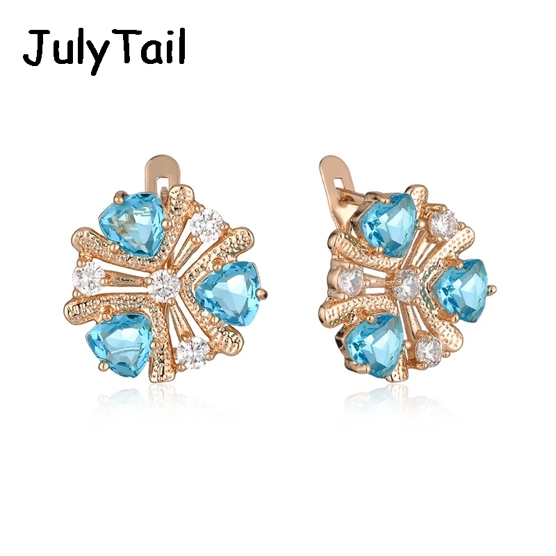 Exclusive RU Hot 585 Rose Gold Blue Triangle Cubic Zirconia Big Earrings For Women Jewelry Luxury Vintage Round Crystal | Украшения и