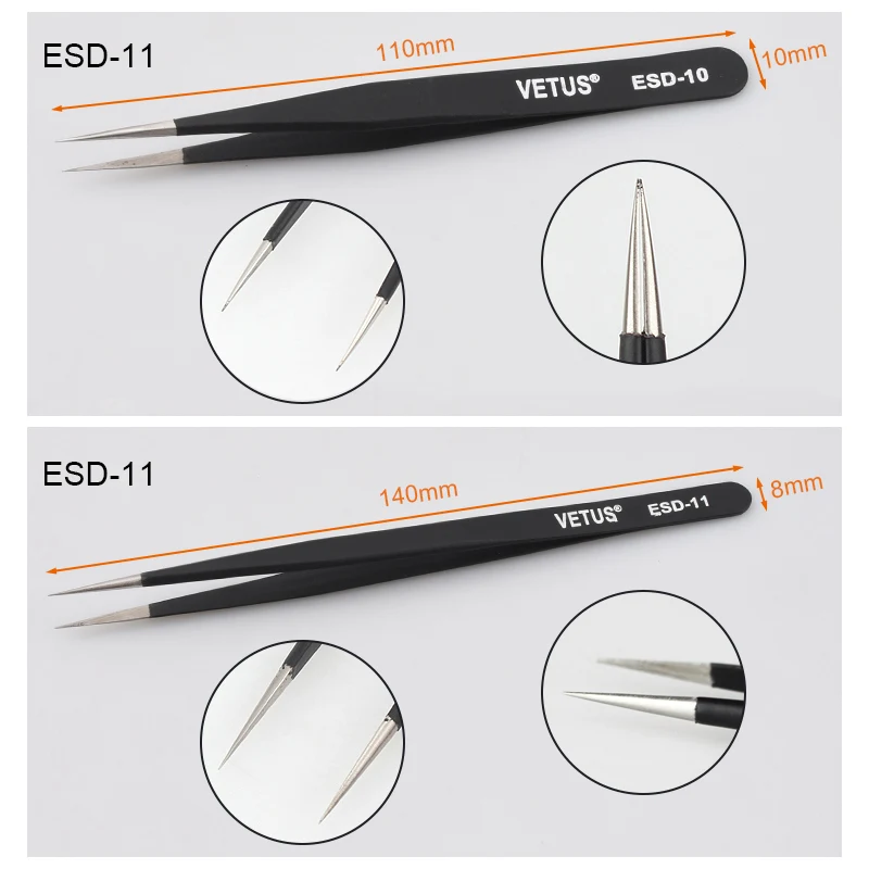VETUS 1pcs ESD 10 11 12 13 14 15 Anti-static Stainless Steel Tweezers Set For Electronic Cell Phone Repair Tools Kit