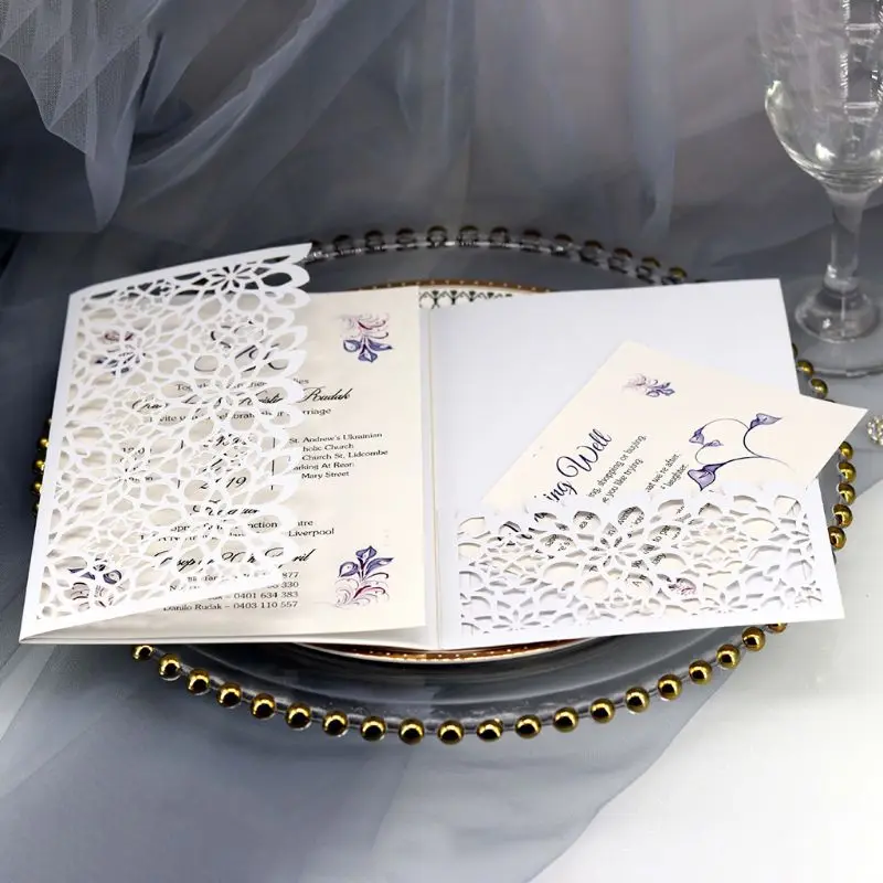  10pcs/set Laser Cut Hollow Luxury Floral Wedding Invitations Card Elegant Lace Favor Print Wedding  - 33029655466