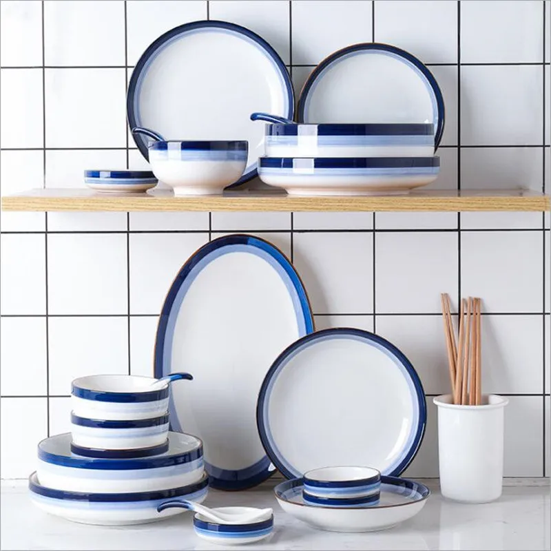 Синий градиент обеденная тарелка керамическая кухонная тарелка посуда набор блюд рисовый салат лапша миска суп кухонный инструмент повара 1 шт