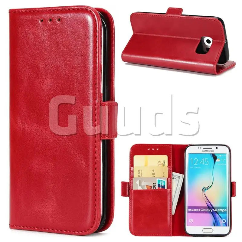 Luxury Crazy Horse PU Leather Wallet Case for Samsung Galaxy S6 Edge G925 - Red