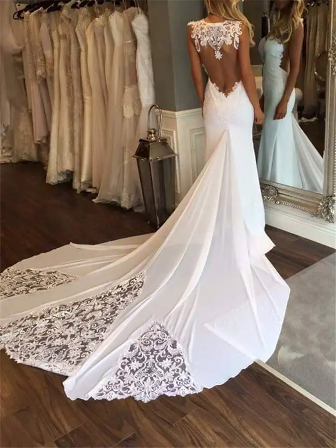 

Sexy Illusion Lace Appliques Mermaid Backless Wedding Dress Vestido De Noiva Summer Boho Wedding Gowns robe de mariage Custom