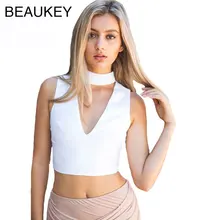 Белый Холтер шеи Глубокий V шеи искусственный шелк без рукавов эластичный бандаж укороченный топ