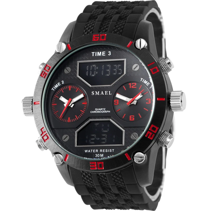 

Digital Wristwatches Waterproof Men SMAEL Three Display Fashion Casual Men Watch Big Dial 1159 Male Clocks Silicone LED Watches