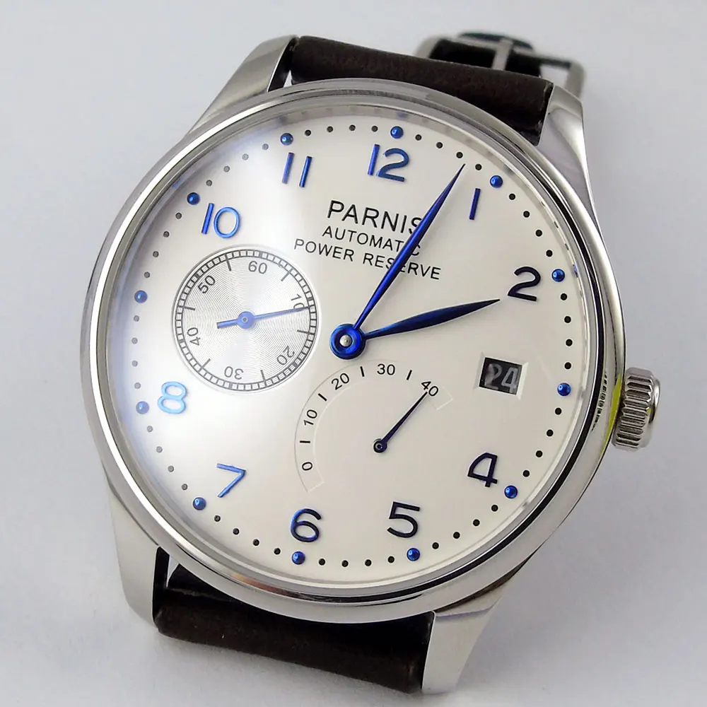 Горячий дизайн 43 мм Parnis белый циферблат Регулировка даты запас хода Автоматический ход мужские синие маркеры мужские часы