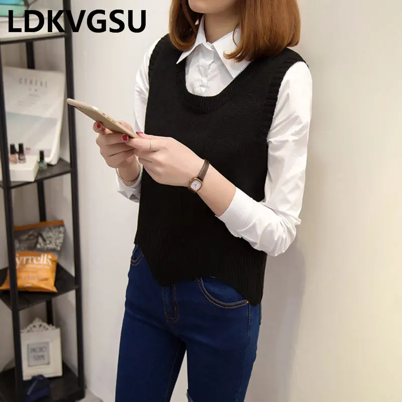 Sweater Vest Female Spring Autumn New Korean Students Large Size Was Thin Women Round Neck Hooded Knit Vest Is1617 - Цвет: black