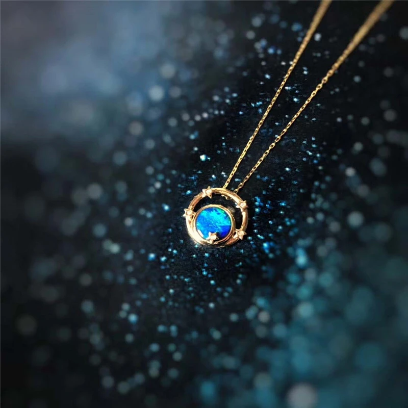 QYI ожерелье с опалом 18 K желтое золото круглый натуральный синий Опал алмазные кулон подарочный для женщин подарок на день Святого Валентина