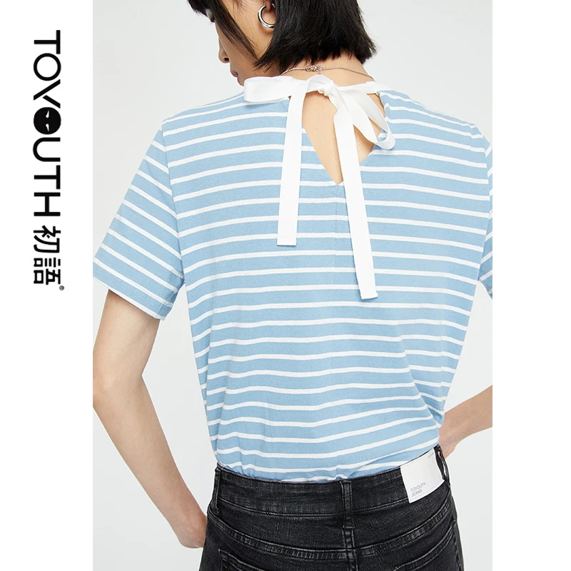 Женская футболка в полоску с круглым вырезом и бантом на спине|Футболки| |