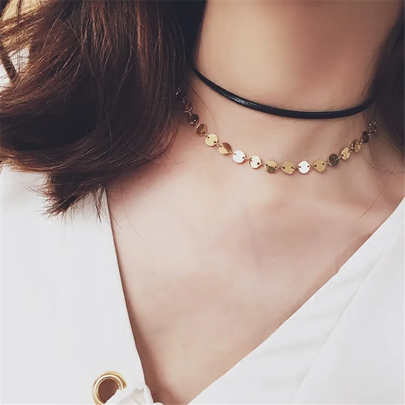 Fashion Tide Gothic Rope Choker necklace Simple Round Sequins Choker