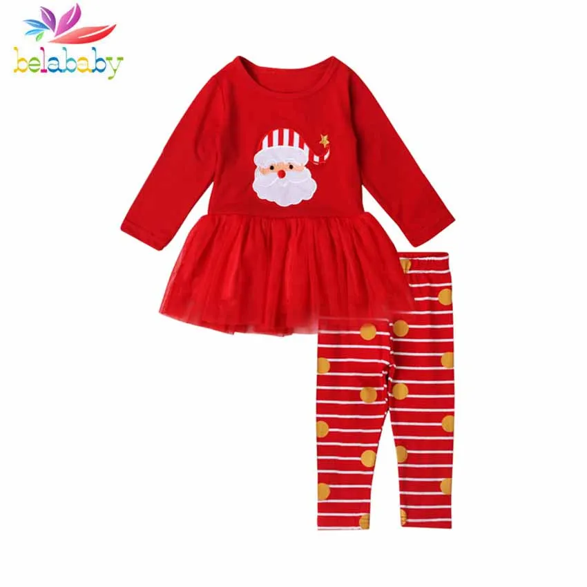 2018 Christmas Autumn 2PCS Outfits Girls Letter Santa Claus Print Dress Stripe Long Pants Suit Children Clothes Set Girl Costume