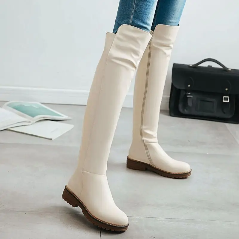 TAOFFEN Women Over The Knee Boots Hot Sale Daily Fashion White Boots Zipper Flats Shoes Woman Female Footwear Size 34-43