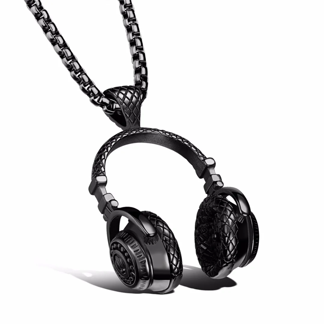 Black Neckalce Men Jewelry Shellhard Hip Hop Music Headphone Pendant Chain Necklace Silver Gold Long Choker Women Accessories