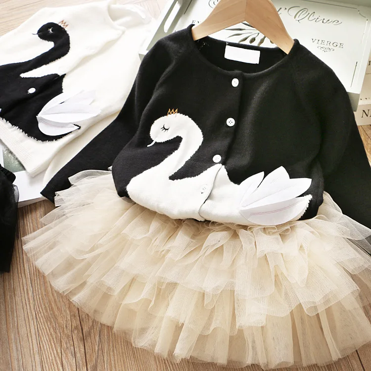 

5334 New Toddler Swan Christmas Princess Winter Fall Baby Girl Clothing Set Outwear Top Sweater +Skirt Thanksgiving Girl Clothes