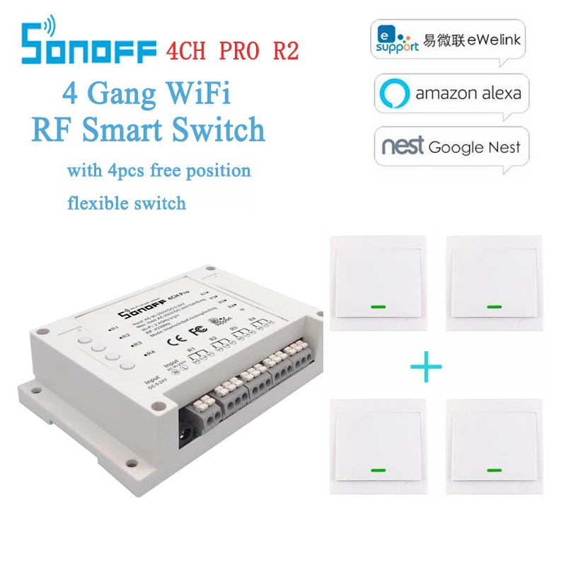 

Sonoff 4CH Pro R2 4 Channel WiFi RF Smart ON/OFF Remote Switch Inching/Self-Locking/Interlock/ with free Wall Switch sticker