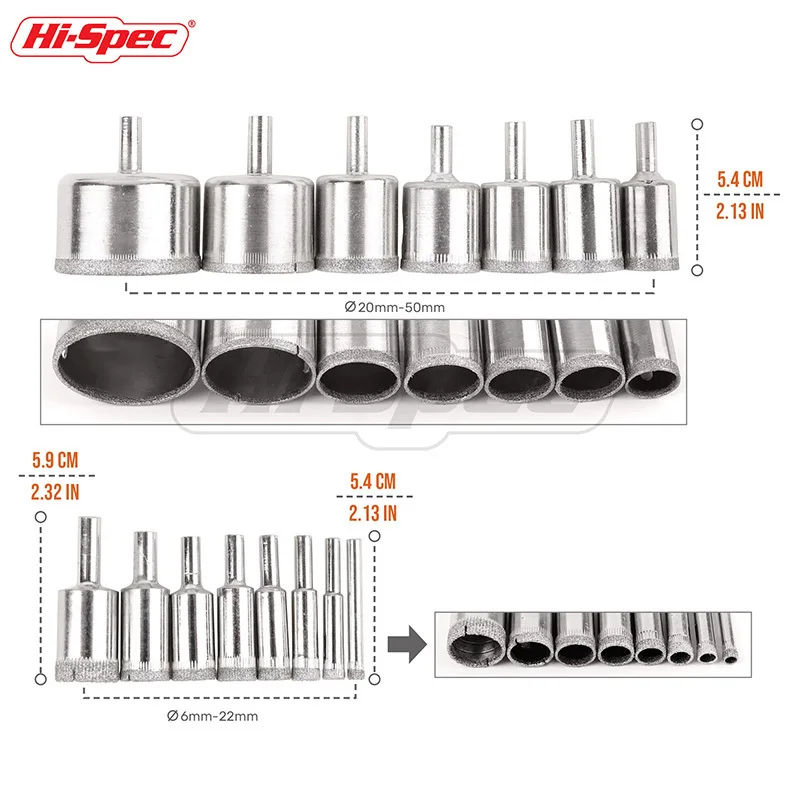 Hi-Spec 15pc 6-50mm Diamond Coated Core Hole Saw Drill Bit Set Ceramic Porcelain Glass Marble Hollow Extractor Remover Set TT002
