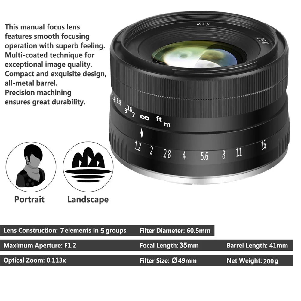 Новейший объектив камеры 35 мм F1.2 ручной фокус Объектив металлический корпус прочный легкий объектив для Fuji X