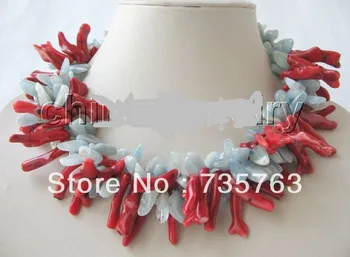 

xiuli 00682 Beautiful 18" 3row natural aquamarine & red coral necklace