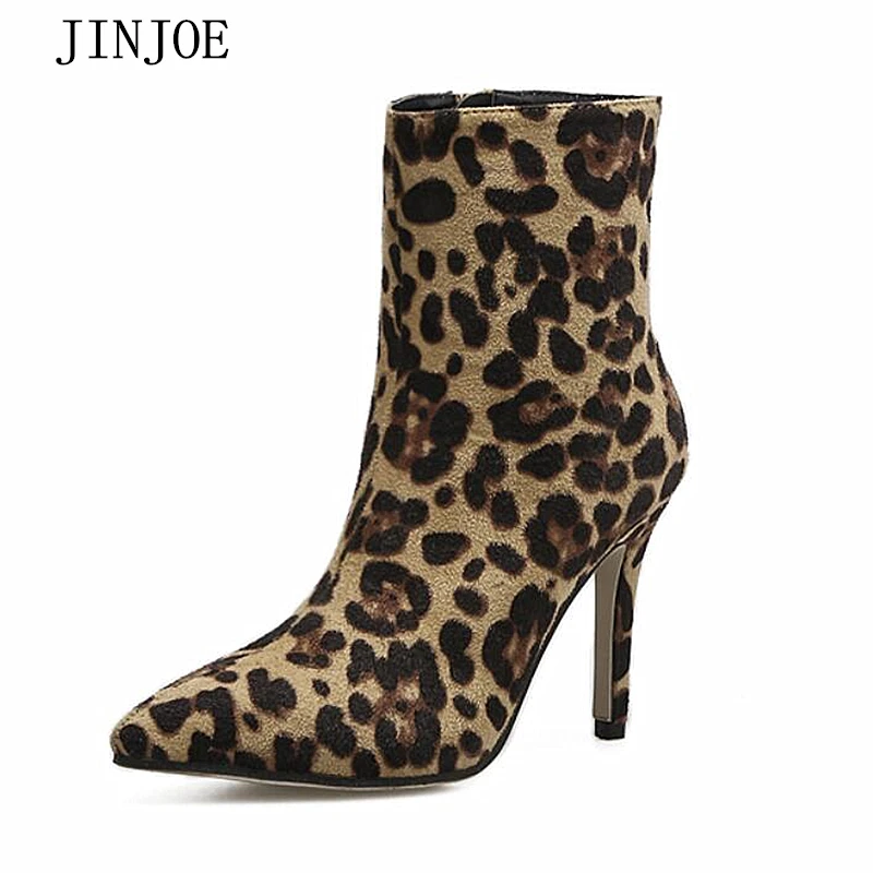 

JINJOE winter New Korean style Flock shoes Woman Fashion sexy Pointed Toe Rome Gladiator pumps Leopard Print Stiletto Boots