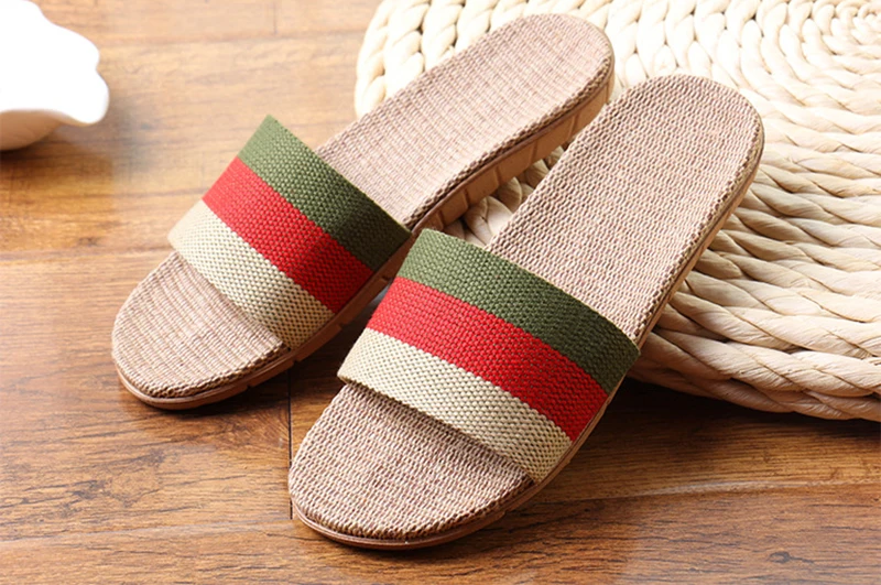 Summer Home Slippers Men Shoes Linen Flip Flops Striped Couples Slides Antiskid Indoor Slippers Flat Home Shoes Pantoufle Homme