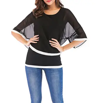 

Plus Size Summer Fashion Tshirt Color Block Women Bat Sleeve Irregular Layered Ladies Loose Casual Chiffon T Shirt Tops Blouse