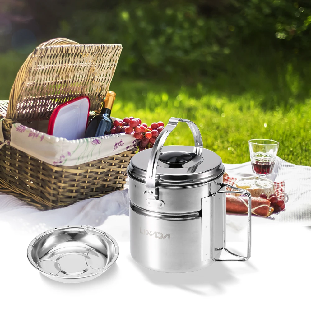 

Lixada Stainless Steel Bail Handle Camping Pot with Internal Steaming Dish Foldable Handle Outdoor Camping Cookware with Bag