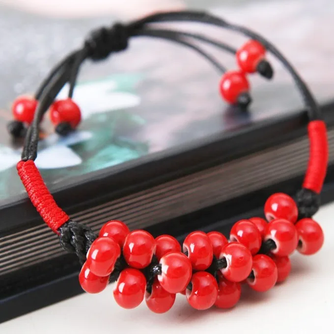 Sweet Red Jequirity Beans Glazed Ceramic Small Beads Wax Thread