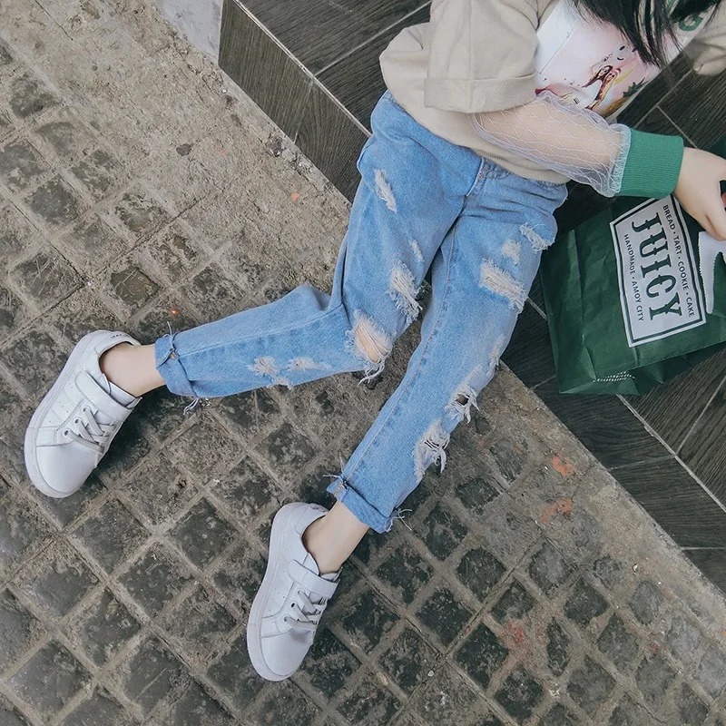 

Girls 2-8 Y Spring Summer Jeans Denim Straight Ankle Length Pants Casual Fashion Distrressed Holes Elastic Waist Trousers