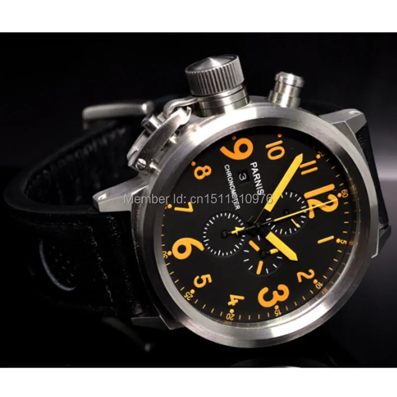 

50mm Parnis Big Face black dial orange makrs day date mens quartz WATCH Full chronograph P36