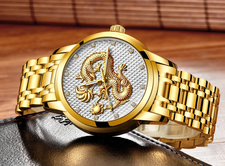 2021 LIGE New Golden Mens Watches Top Brand Luxury Chinese Dragon Watch Business Full Steel Quartz Clock Male Relogio Masculino