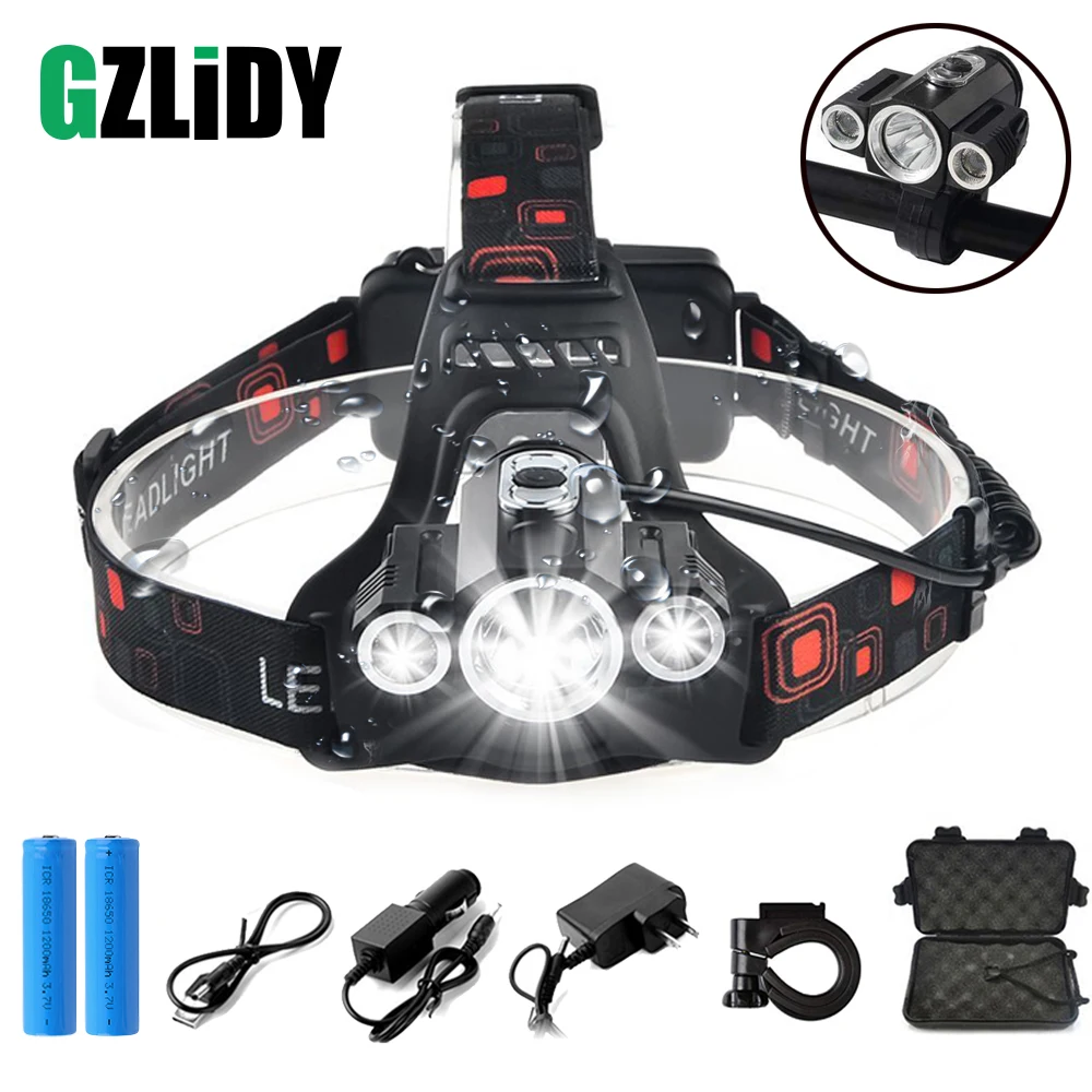 

Super bright LED Headlamp 3 x T6 led lamp bead 10000 lumens led headlight 4 lighting modes camping lamp use 18650 battery