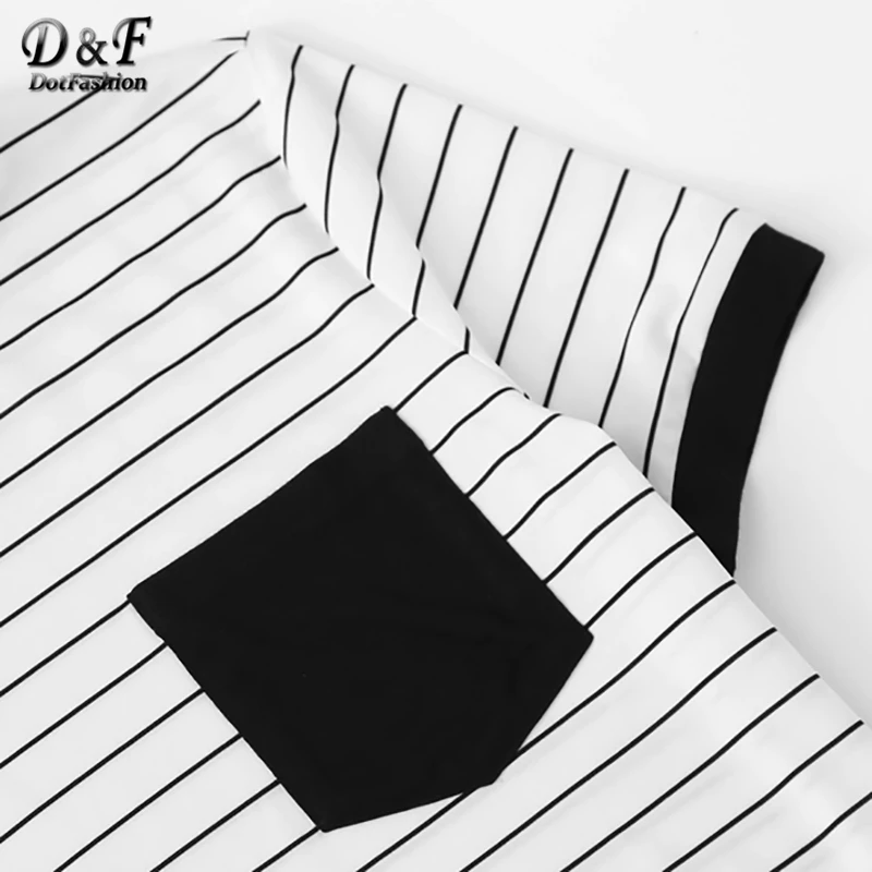 Dotfashion Black And White Patch Pocket Striped Ringer Tee Women Casual Tops Summer Short Sleeve Preppy Colorblock T-Shirt