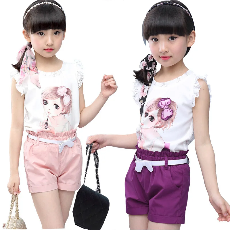 

2019 Brand Summer Lovely Girls Clothing Sets Fashion Cotton Print Short Sleeve T-Shirt And Shorts Girls Clothes Sport Suits4-12T