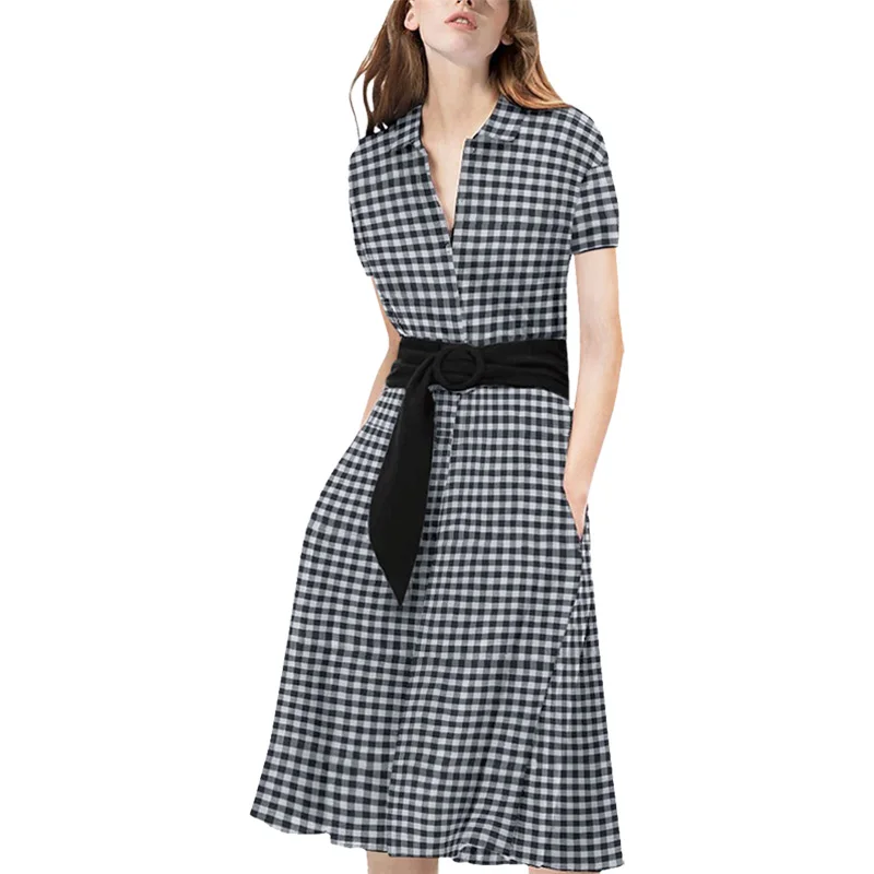 

New 2019 Plaid Summer Shirt Dress Ladies Fashion Short Sleeve A-Line Dresses With Belt Women Casual Maxi Pocket Vestidos Female