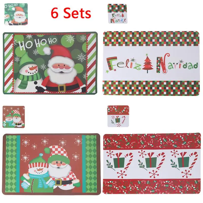 

12pcs Waterproof Non-slip Nonstick Heat Resistant Christmas Placemats Cushions Cup Coasters Table Mats Kitchen Restaurant