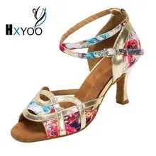 HXYOO 2018 New Brand Latin Dance Shoes Satin Soft Sole Flower with Gold High heel 7