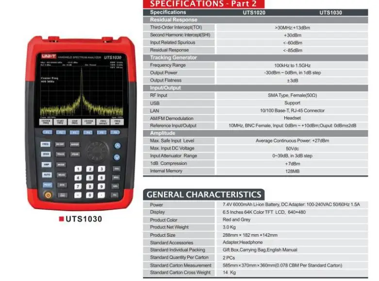 UNI-T UTS1030 6," tft-lcd 9 кГц~ 2 ГГц ручные Анализаторы спектра