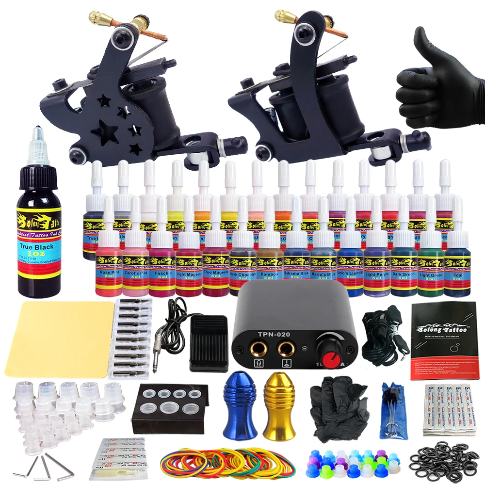 Solong Tattoo complete professional 2 tattoo Machine Guns set Tattoo Kit 28 Inks Needle Grips power supply TK204-21