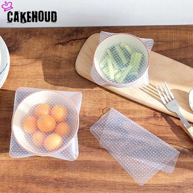 

CAKEHOOUD 4pcs Food Grade Silicone Preservative Saran Packaging Reusable Refrigerator Sealed Fresh Cover Microwave Heating Cover