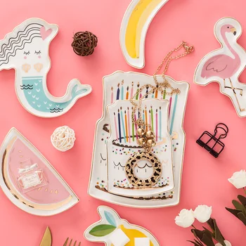 

INS Ceramic Jewelry Storage Tray Phnom Penh Cartoon Flamingo Cactus Ceramic Plate Dish Home Decor Fruit Porcelain Plate Storage