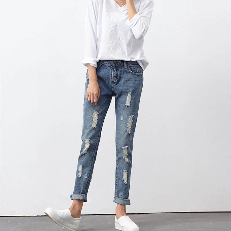 

Fashion Spring Summer Ripped Holes Pants Jeans Women Slim Vintage Long Jeans Casual Loose Cotton Denim Trousers Female Mad Show