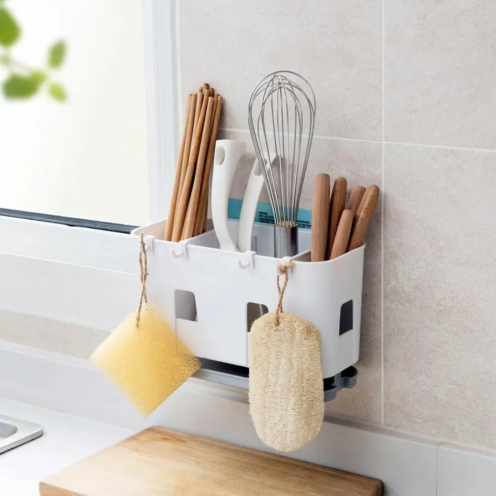 Kitchen Rack Utensils Storage Rack Shelf Drainer Box with 4Hooks Chopsticks Cage Holder Spoon Forks Organizer Drain Containers