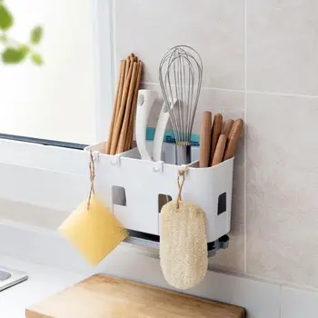 

Kitchen Rack Utensils Storage Rack Shelf Drainer Box with 4Hooks Chopsticks Cage Holder Spoon Forks Organizer Drain Containers
