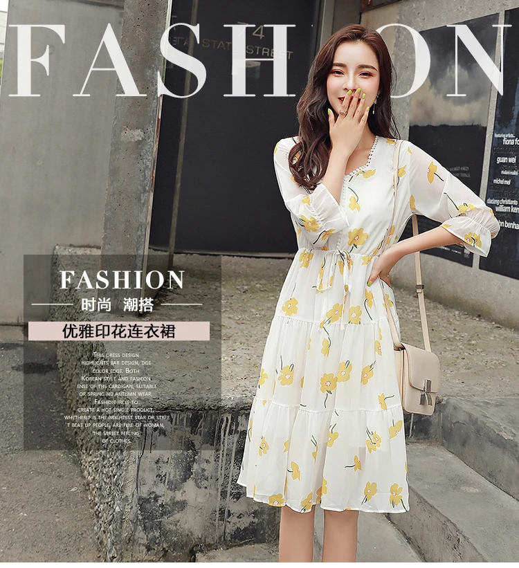 Платье корейское vestidos летнее Новое поступление OLN Цветочное платье новое свежее платье с v-образным вырезом на талии для похудения нежное шифоновое платье