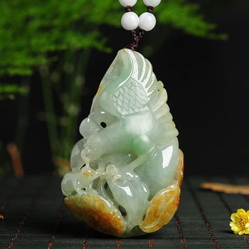 

Matt carving Eagle Pendant necklace yellow Floating flowers Light green stone Male and female models certificate