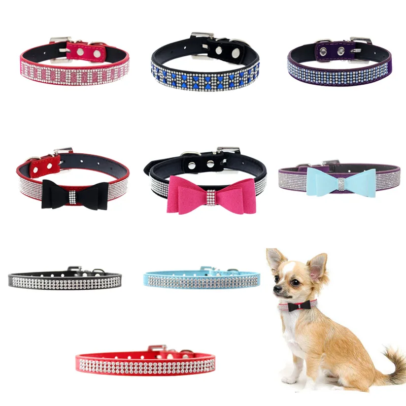 

pawstrip Bling Rhinestone Dog Collar Leather Cat Collar Cute Bow Pet Collar For Small Dogs Cats Soft Suede Leather Puppy Collar